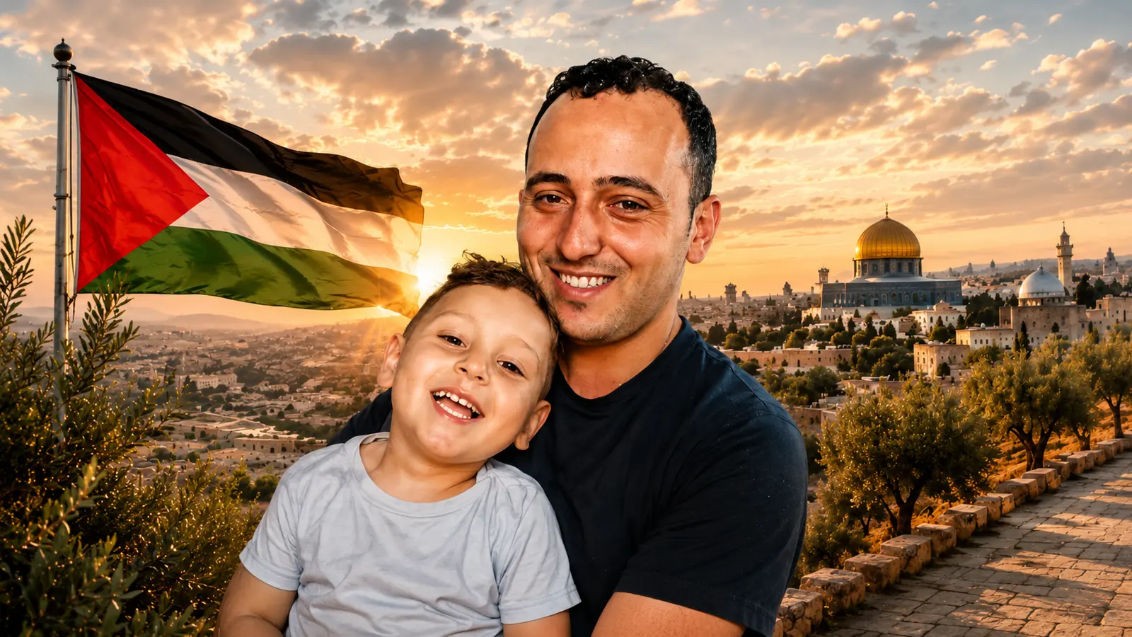 Hazem dan seorang kanak-kanak dengan bendera Palestin dan Al-Aqsa ketika matahari terbenam